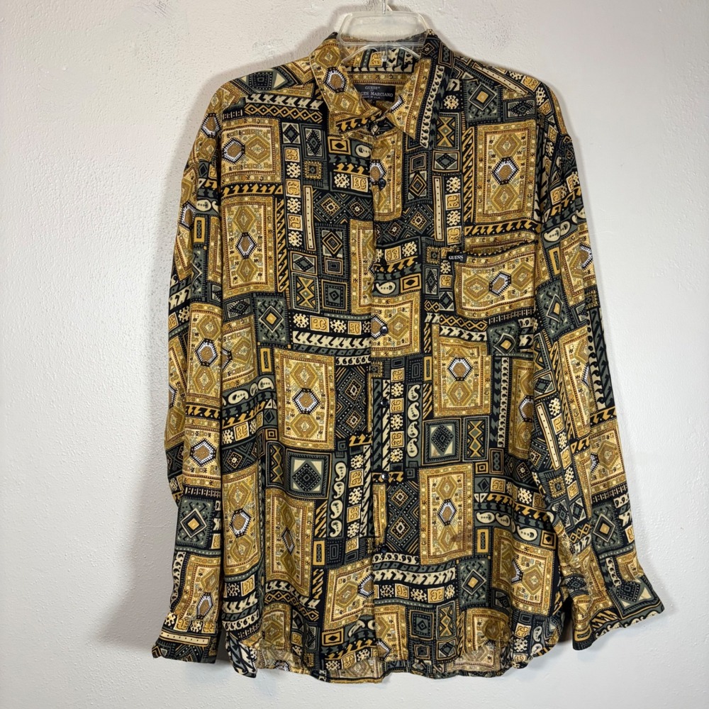 Vintage Guess Georges Marciano Rayon Button Down Shirt Tribal Geometric Print XL